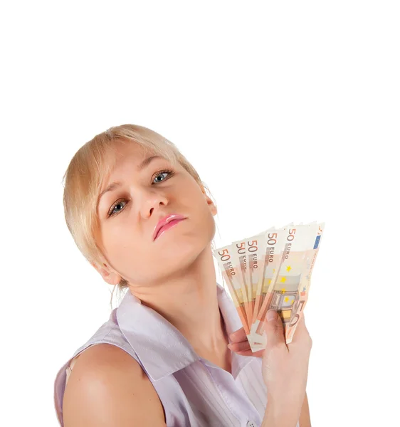 Young woman holding euro money on a white background Stock Picture