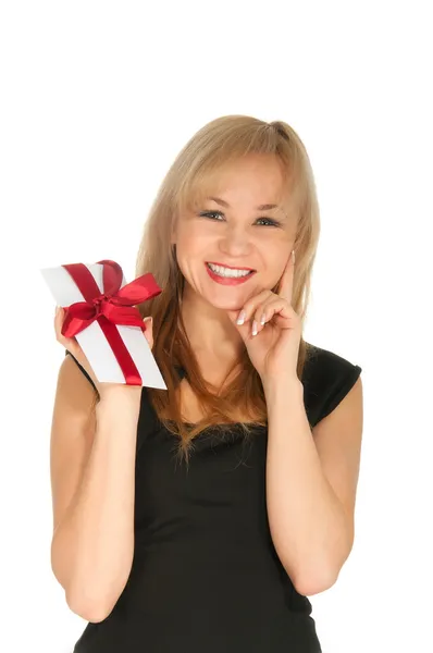 Beautiful blonde woman and gift postcard in her hands. feast day of St. Valentine — Stock Photo, Image