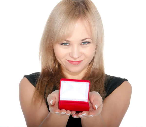 Beautiful woman with red gift box with jewellery — Stock Photo, Image