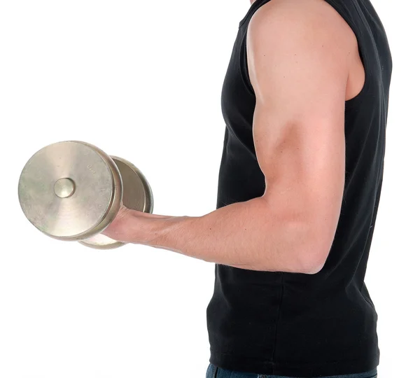 Gezonde jonge man doen oefening met dumbbell tegen witte ba — Stockfoto