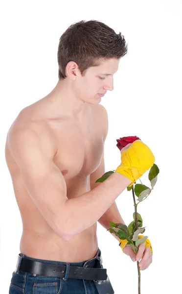 Hombre sano usando envolturas de entrenamiento sosteniendo una rosa sobre un fondo blanco —  Fotos de Stock