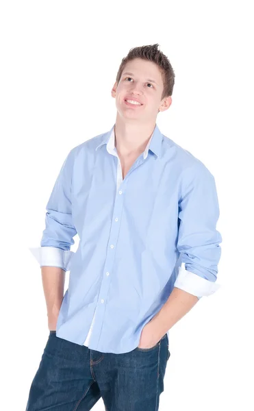 Retrato de un joven guapo con ropa casual de pie sobre fondo blanco — Foto de Stock