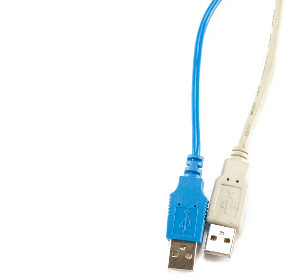 Macro de un cable USB azul y gris sobre fondo blanco — Foto de Stock