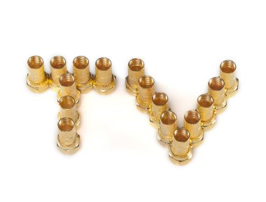 Altın f konnektör beyaz zemin üzerine izole. ve tv kelime.