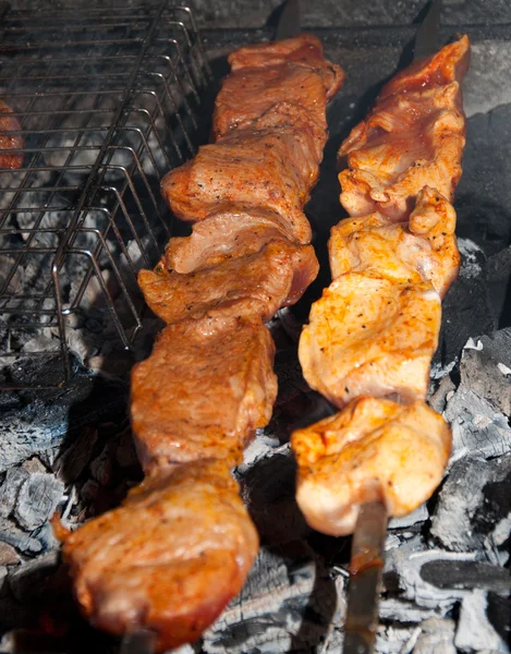 Savoureux kebab grill saslyk sur un charbon de bois — Photo