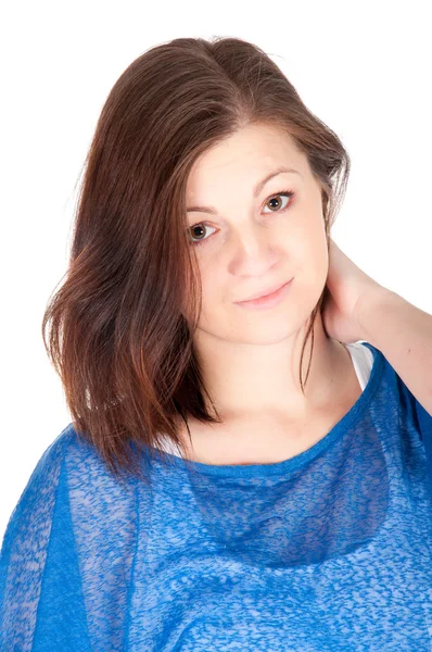 Studio porträtt av en attraktiv ung kvinna över vit bakgrund — Stockfoto