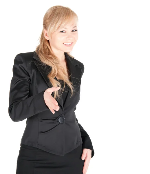 Joven mujer de negocios con la mano extendida para sacudir sobre fondo blanco — Foto de Stock