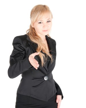 beyaz zemin sıkmak için el uzatılması ile genç iş kadını