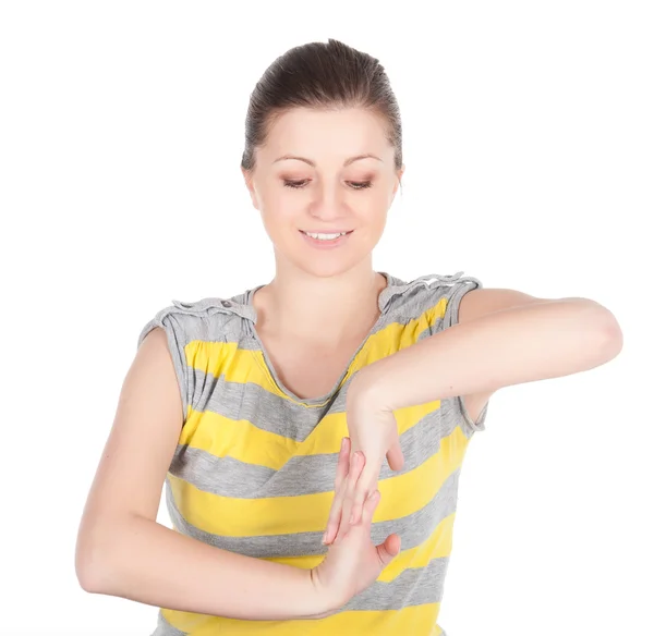 Jonge vrouw doen fitness oefeningen geïsoleerd op witte achtergrond — Stockfoto