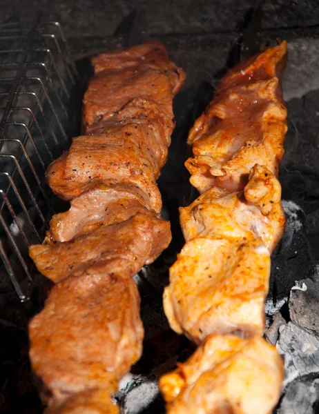 Sabroso kebab a la parrilla saslyk en un carbón vegetal —  Fotos de Stock