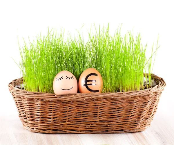 Funny smiling egg with golden euro egg in basket with grass. — Stock Photo, Image