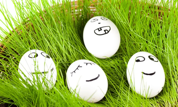 Gruppe lustig verrückter lächelnder Eier in Körben mit Gras. Sonnenbad. — Stockfoto