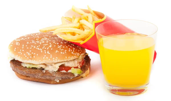 Conjunto de café da manhã: suco de laranja, hambúrguer e batatas fritas isoladas em fundo branco . — Fotografia de Stock