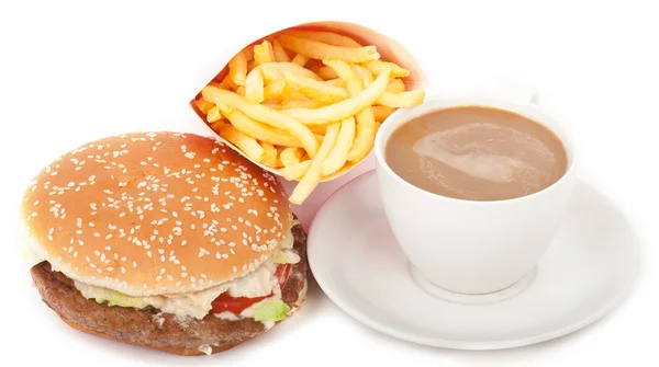 Ensemble petit déjeuner : café, hamburger et frites isolées sur fond blanc — Photo