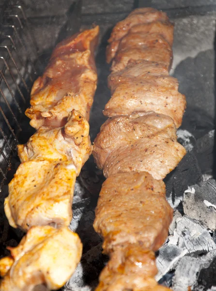 Sabroso kebab a la parrilla saslyk en un carbón vegetal —  Fotos de Stock