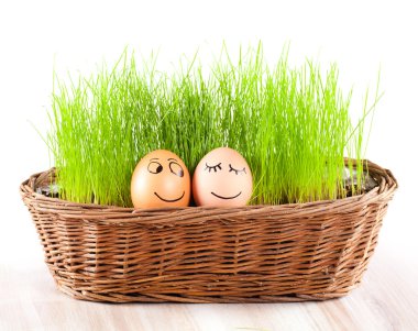 iki komik gülümseyen yumurtalar çim sepetle. güneş banyosu.