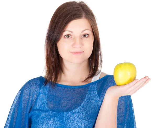 Όμορφη νεαρή γυναίκα με το πράσινο μήλο σε λευκό φόντο — Φωτογραφία Αρχείου