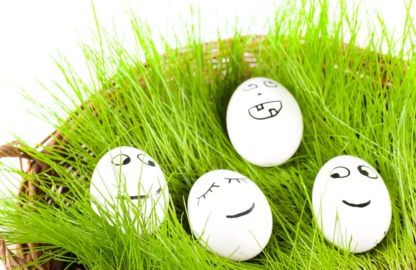 Group of Funny crazy smiling eggs in basket with grass. sun bath. — Stock Photo, Image