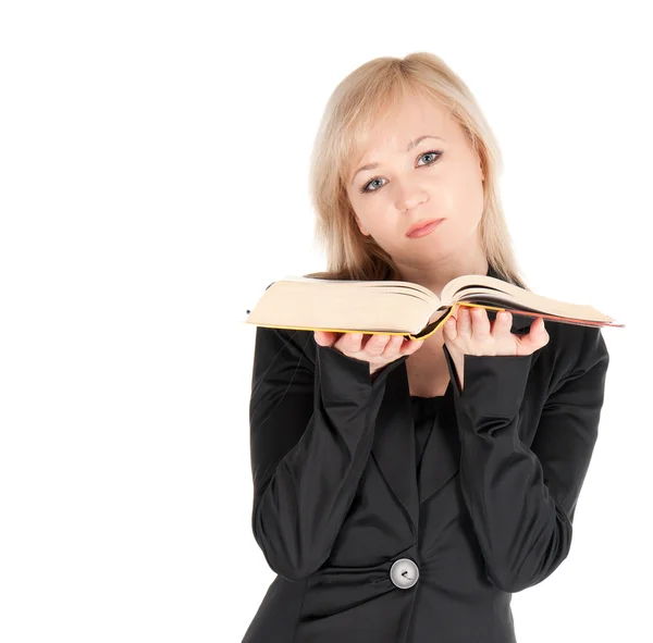 Jeune femme d'affaires avec livre sur fond blanc — Photo