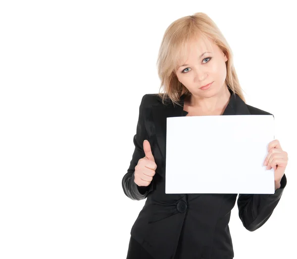 Jeune femme d'affaires attrayante avec une feuille de papier vierge isolé sur blanc — Photo