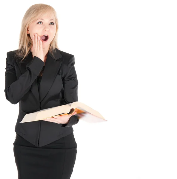 Young business woman with book over white background — Stock Photo, Image