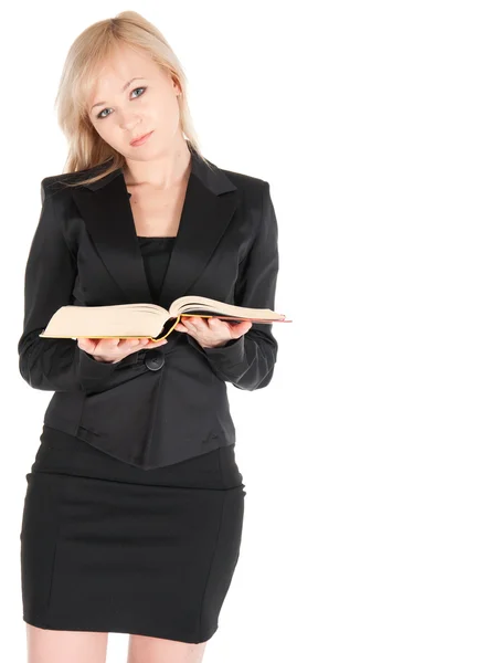 Jeune femme d'affaires avec livre sur fond blanc — Photo