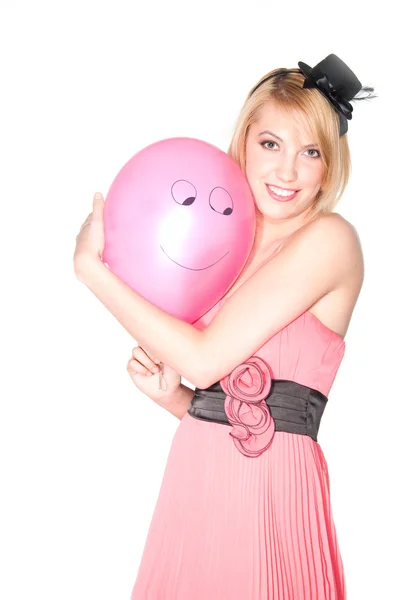 Portret womanl w różowej sukience z uśmiechający się piłka — Zdjęcie stockowe