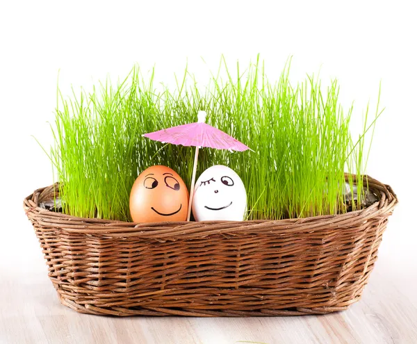 Дві веселі усміхнені яйця під парасолькою в кошику з травою. сонячна ванна . — стокове фото