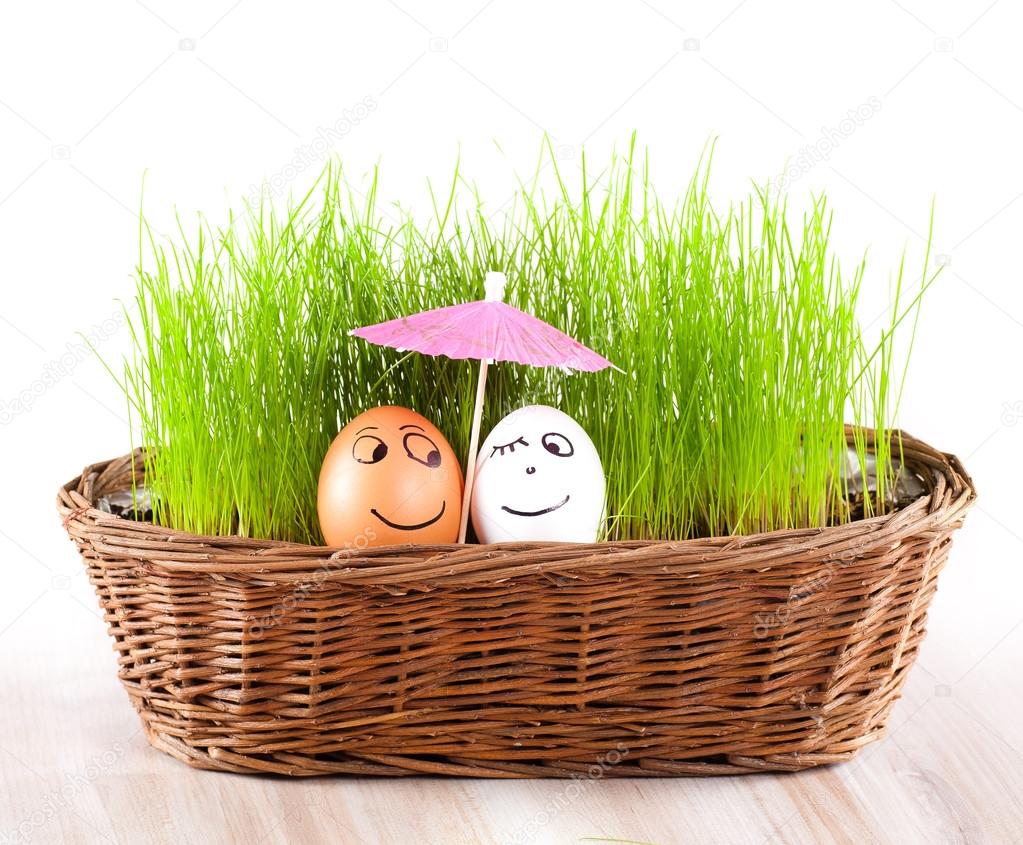 two Funny smiling eggs under umbrella in basket with grass. sun bath.