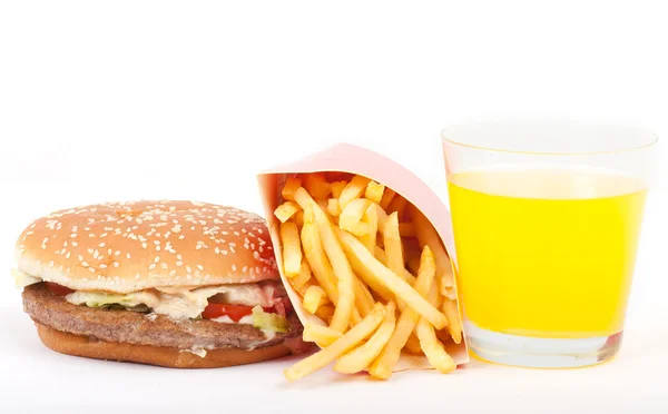 Breakfast set: orange juice, hamburger and french fries isolated on white background. — Stock Photo, Image