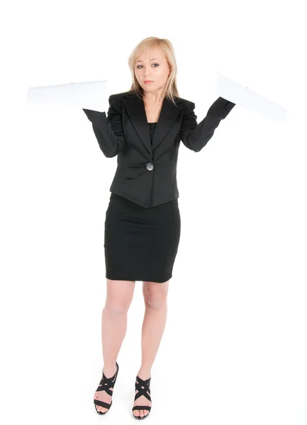 Jovem mulher de negócios atraente com uma folha de papel em branco isolado em branco — Fotografia de Stock