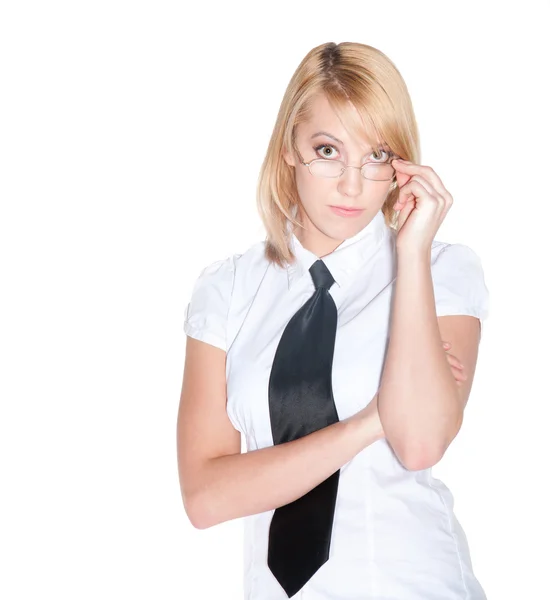 Mujer busines en camisa y corbata con gafas —  Fotos de Stock