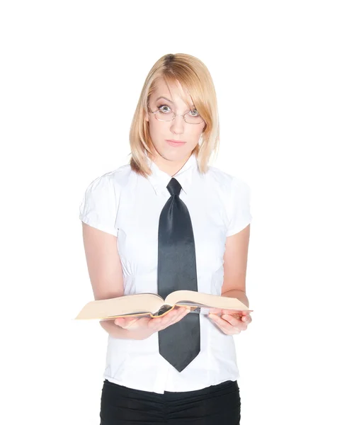 Busines mulher em camisa e gravata com livro — Fotografia de Stock