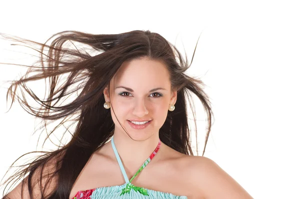 Attractive woman in summer dress and her hair on a wind — Stock Photo, Image