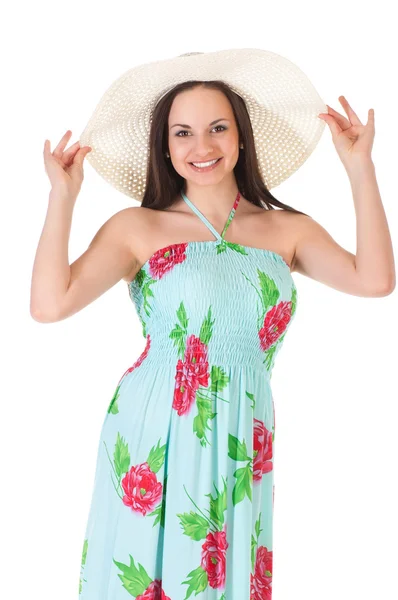 Woman in summer dress with hat — Stock Photo, Image