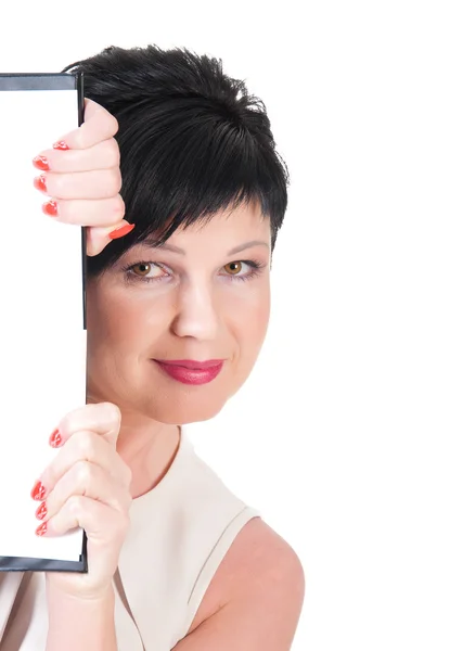 Happy smiling young business woman showing blank signboard — Stock Photo, Image