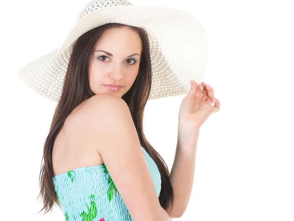 Woman in summer dress with hat — Stock Photo, Image