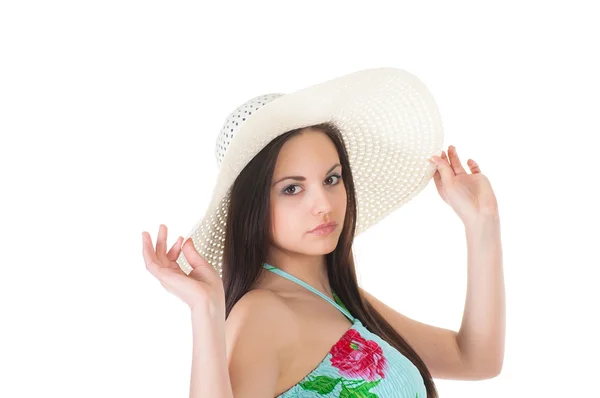 Mulher em vestido de verão com chapéu — Fotografia de Stock