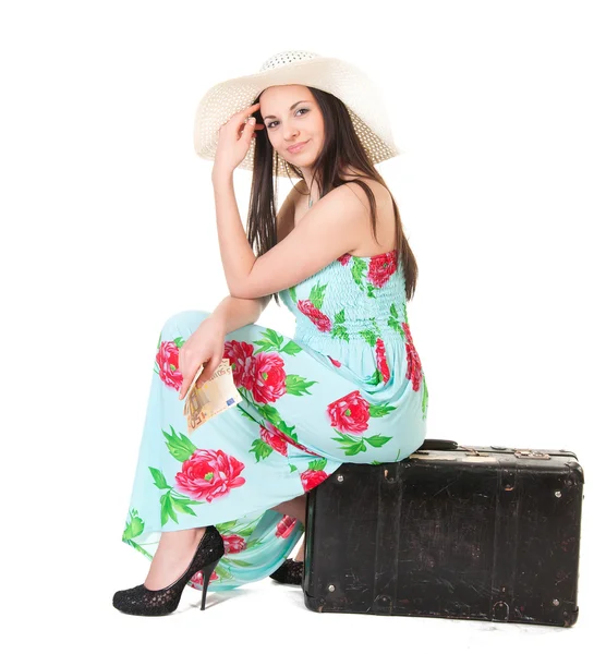 Beautiful woman in summer dress with hat, case and money — Stock Photo, Image