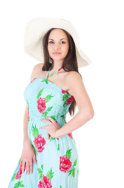 Žena v letní šaty s kloboukem — Stock fotografie