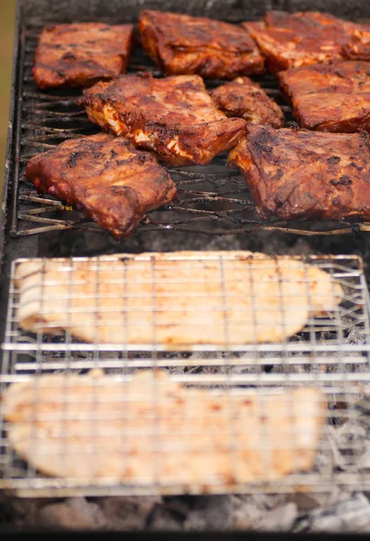 BBQ ribben en vis op grill met houtskool — Stockfoto