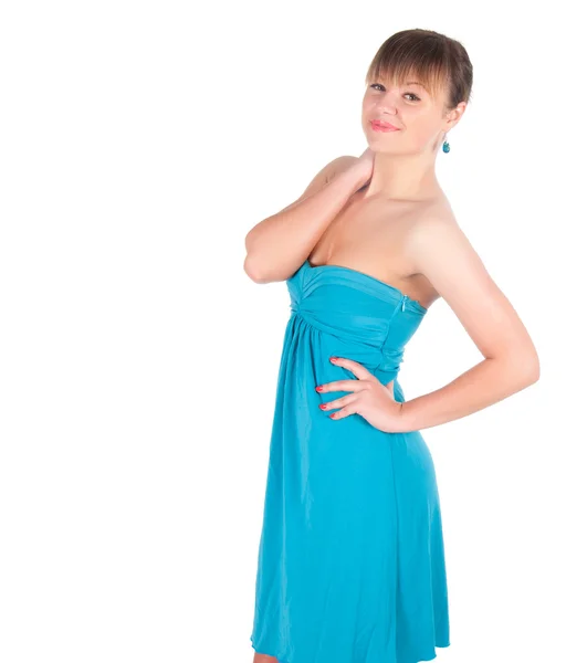 Giovane donna alla moda in bel vestito blu in posa in studio — Foto Stock