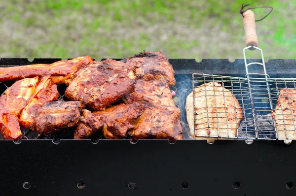 BBQ ribben en vis op grill met houtskool — Stockfoto
