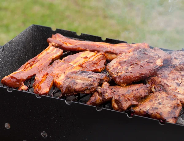 Costolette di barbecue e pancetta su una griglia con carbone — Foto Stock