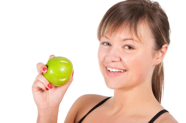 Belle jeune femme sportive à la pomme verte, isolée sur blanc Images De Stock Libres De Droits