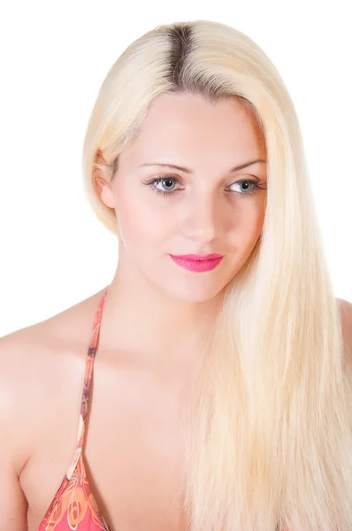 Beautiful blond woman portrait and straight long hair — Stock Photo, Image