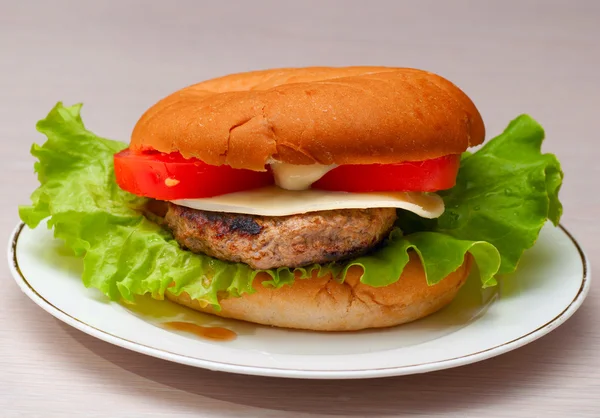 Tasty homemade burger on a plate — Stock Photo, Image