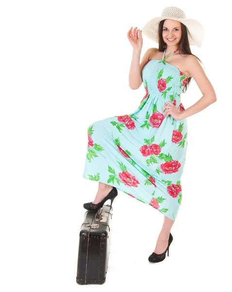 Beautiful woman in summer dress with hat and case — Stock Photo, Image