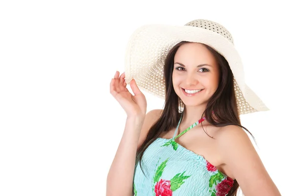 Mulher em vestido de verão com chapéu — Fotografia de Stock