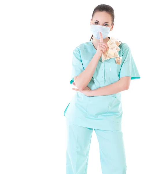 Female surgeon doctor holding money — Stock Photo, Image